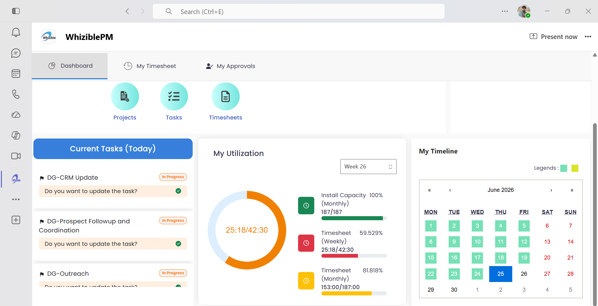 WhiziblePM dashboard inside Microsoft Teams showing current tasks, utilization chart, and timeline calendar