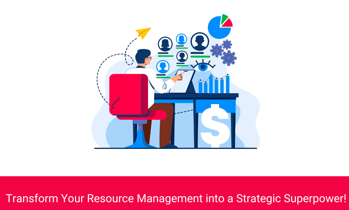 Dynamic infographic displaying key strategies for optimizing resource utilization in project management with Whizible software.