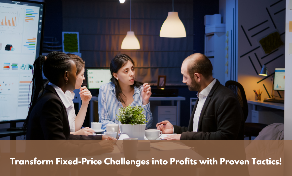 Business professionals discussing strategies for maximizing profitability in fixed-price IT contracts, with a focus on overcoming common challenges.