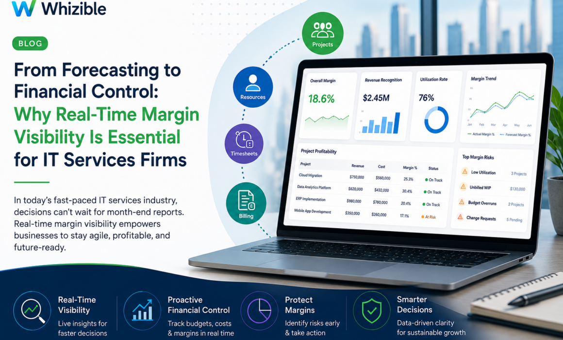 Real-time margin visibility dashboard for IT services firms showing project profitability, utilization tracking, revenue recognition, and financial control metrics.
