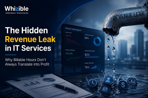 Hidden revenue leakage dashboard for IT services showing project profitability, resource utilization, billing gaps, and delivery governance metrics