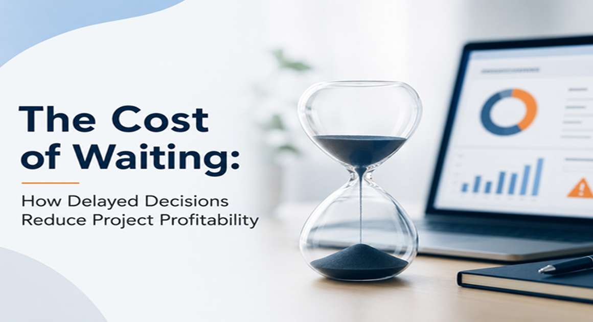 Hourglass on a desk beside a business analytics dashboard illustrating how delayed decisions reduce project profitability.