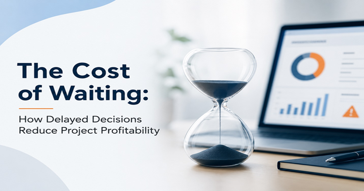 Hourglass on a desk beside a business analytics dashboard illustrating how delayed decisions reduce project profitability.