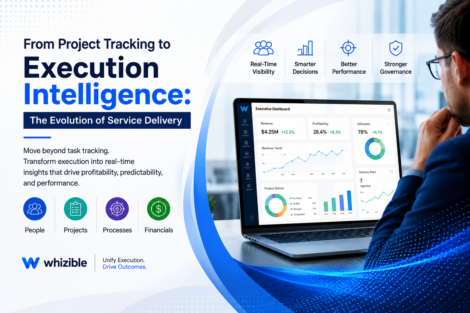 Execution Intelligence: The Evolution of Service Delivery Execution Intelligence dashboard showing real-time visibility, project performance, financial insights, and service delivery analytics for service organizations.