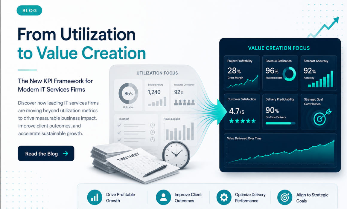 From Utilization to Value Creation – Modern KPI Framework for IT Services Firms Showing Business Impact Dashboard