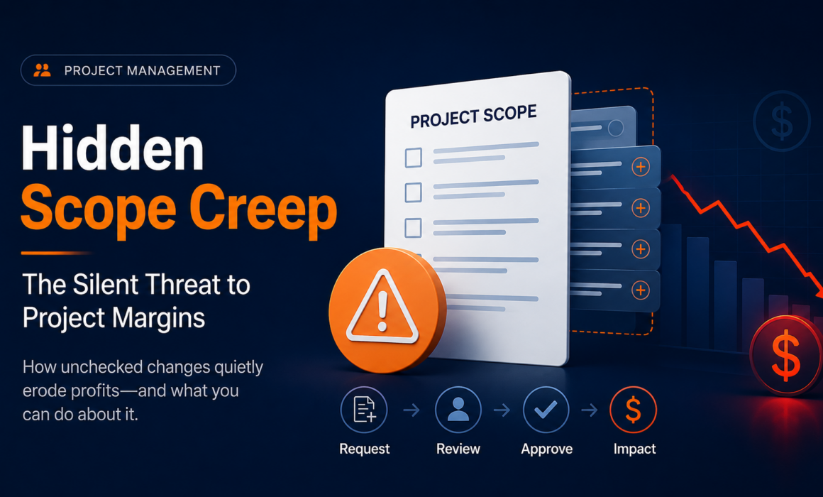Hidden scope creep affecting project margins through uncontrolled change requests and poor project governance.