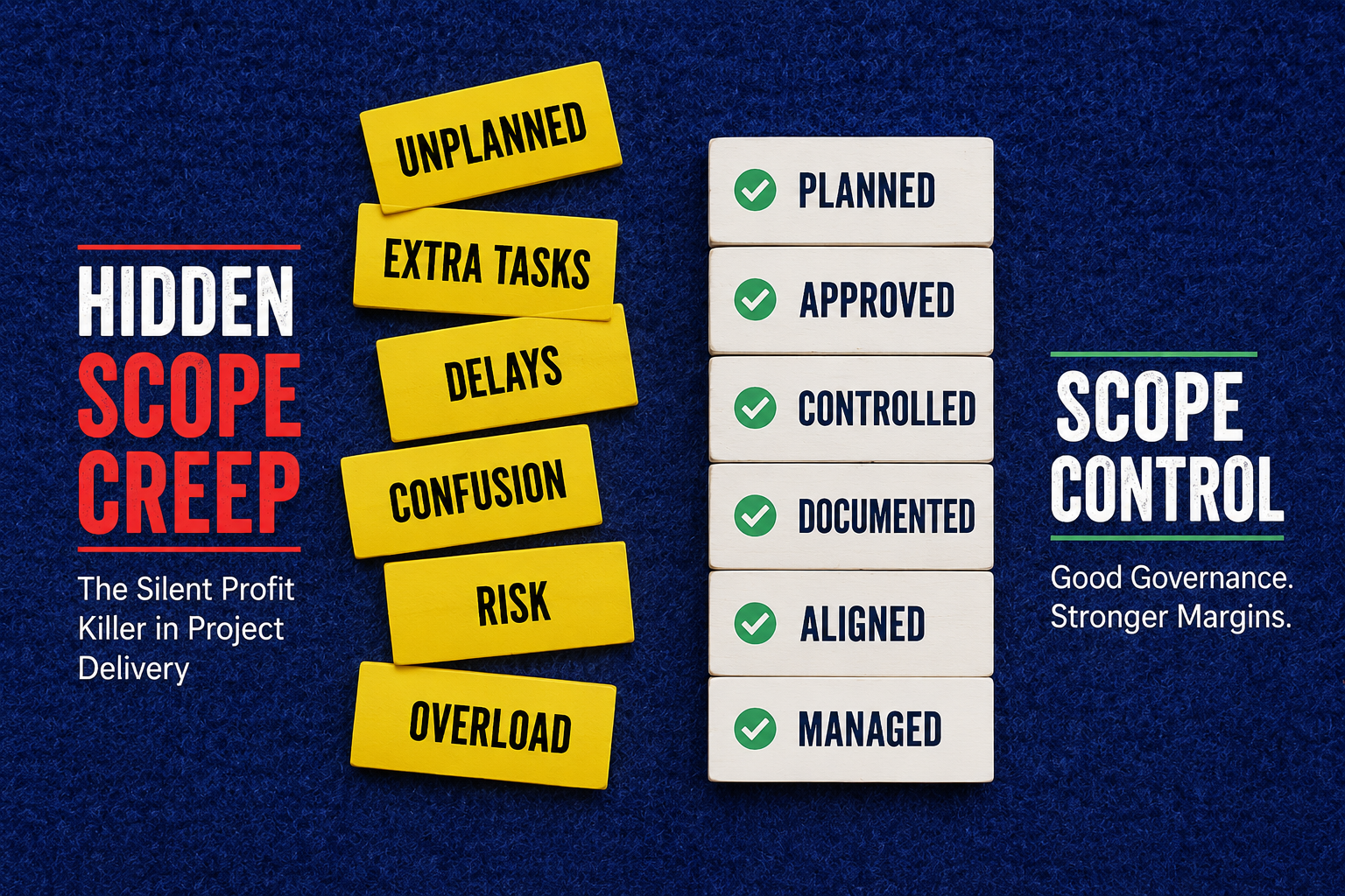Hidden Scope Creep vs Scope Control – The Impact of Project Governance Hidden scope creep versus scope control comparison showing unplanned tasks, delays, risks, and overload against planned, approved, controlled, and documented project governance processes.