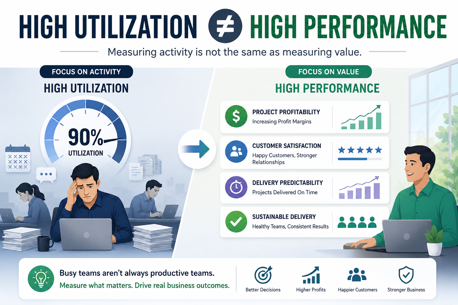 High Utilization vs High Performance: Measuring Business Value High Utilization vs High Performance infographic comparing 90% resource utilization with business outcomes such as profitability, customer satisfaction, delivery predictability, and sustainable growth.