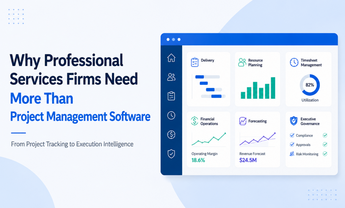 Professional services dashboard showing resource planning, project delivery, financial operations, forecasting, and governance beyond traditional project management software.