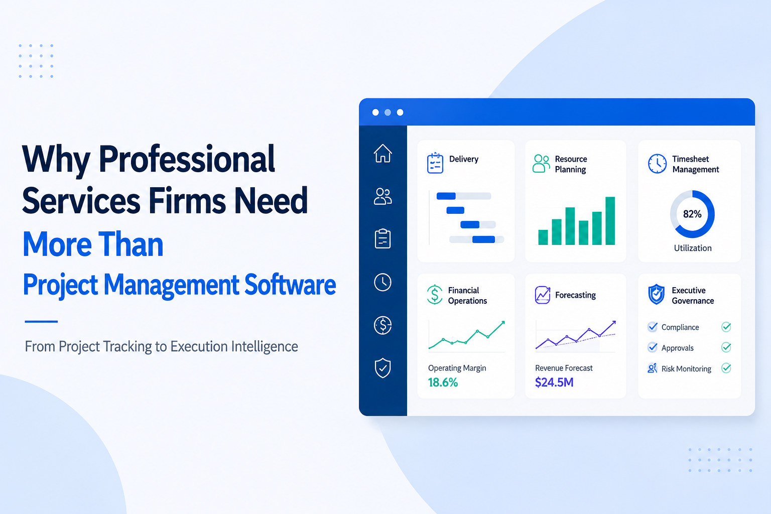 Why Professional Services Firms Need More Than Project Management Software Professional services dashboard showing resource planning, project delivery, financial operations, forecasting, and governance beyond traditional project management software.