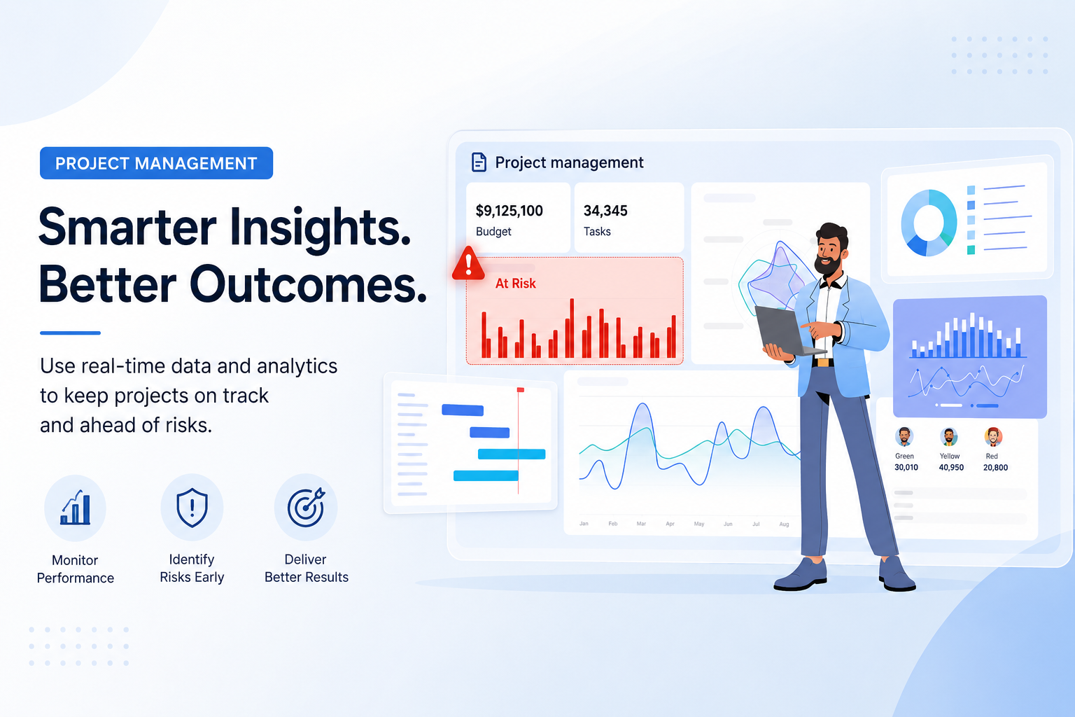 Illustration of a project manager using a business analytics dashboard with real-time project data, risk alerts, and performance metrics.