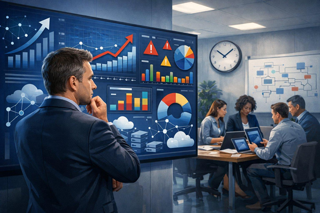 Executive analyzing a project portfolio dashboard with real-time analytics while a leadership team reviews project performance in a meeting room.