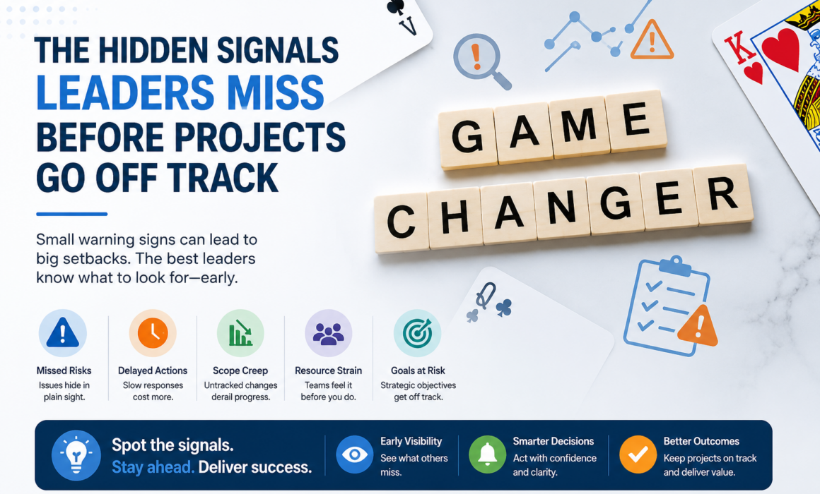 Business-themed infographic with "Game Changer" blocks illustrating the hidden warning signs leaders often miss before projects fall behind schedule.