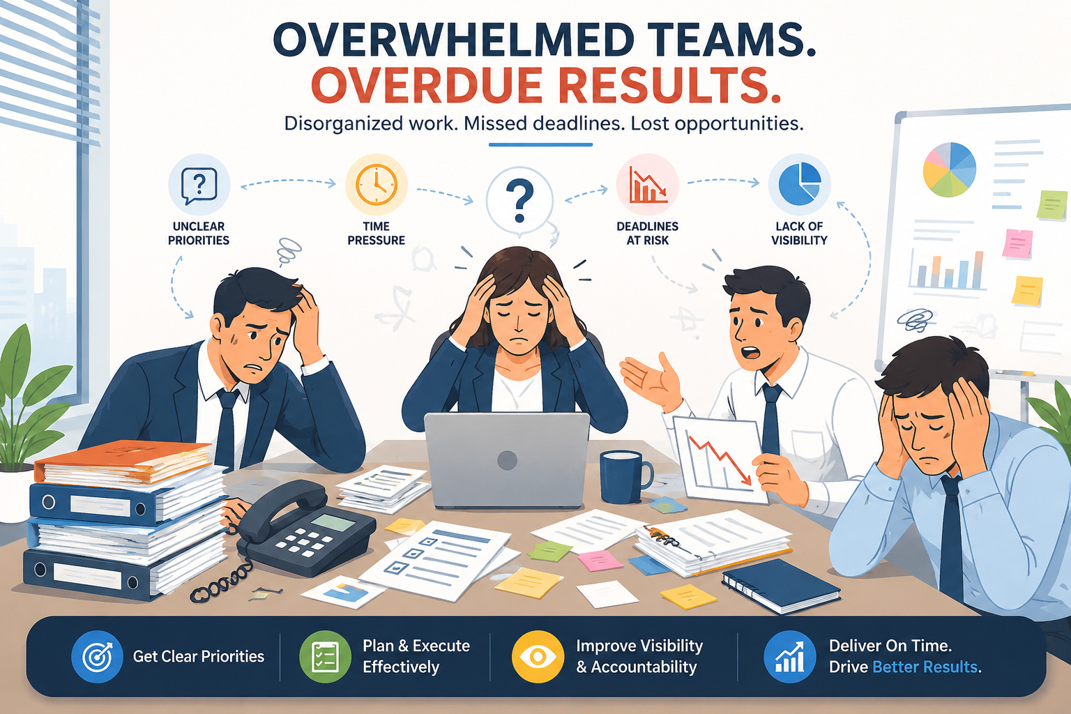 Overwhelmed Teams, Overdue Results: The Hidden Cost of Workplace Chaos Illustration of overwhelmed office employees struggling with heavy workloads, missed deadlines, and disorganized project management.