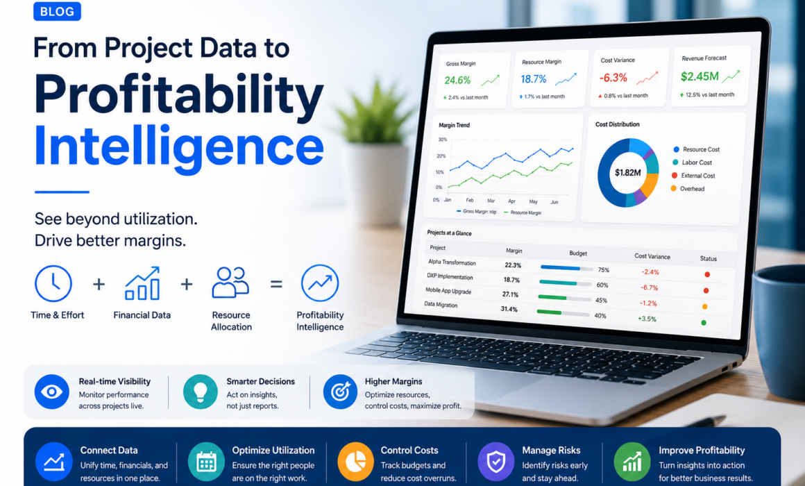 Laptop displaying a profitability intelligence dashboard with project margins, resource allocation, financial analytics, and revenue forecasting for data-driven business decisions.