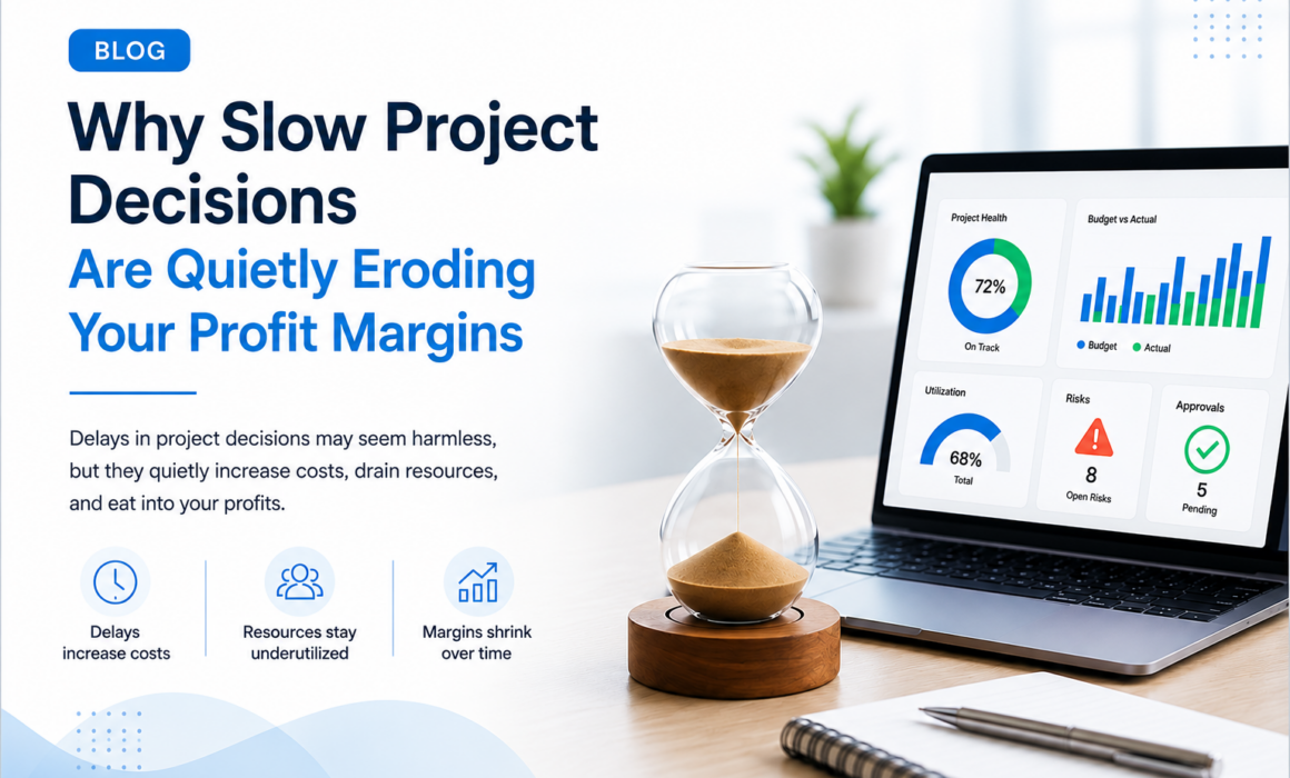 Hourglass beside a project management dashboard illustrating how slow project decisions reduce business profit margins