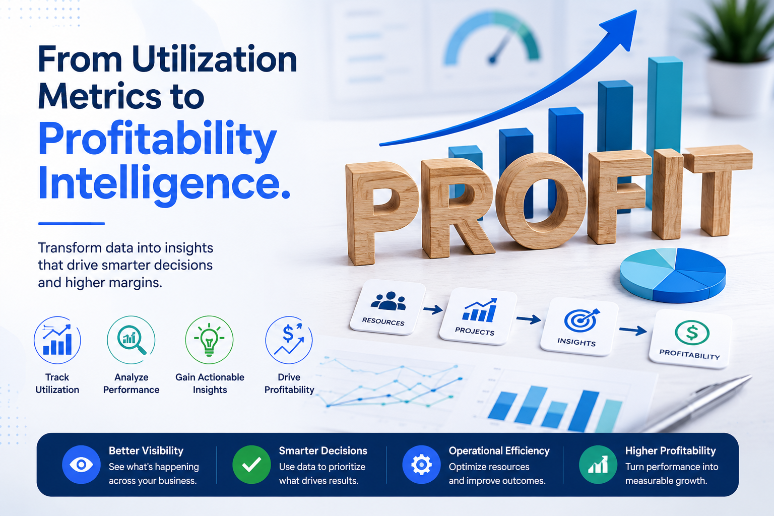 Business infographic showing the transition from utilization metrics to profitability intelligence using analytics, dashboards, and performance insights.