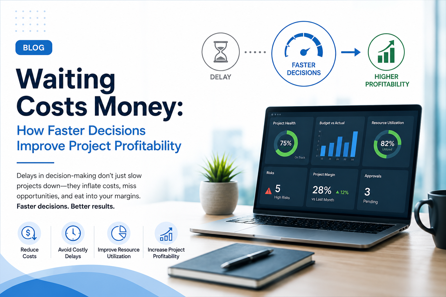 Waiting Costs Money: How Faster Decisions Improve Project Profitability Laptop displaying a project management dashboard with graphics showing how faster project decisions improve profitability and reduce delays.