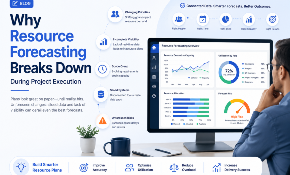 Illustration of a project manager reviewing a resource planning dashboard with project timelines, team workload, and forecasting analytics during project execution.