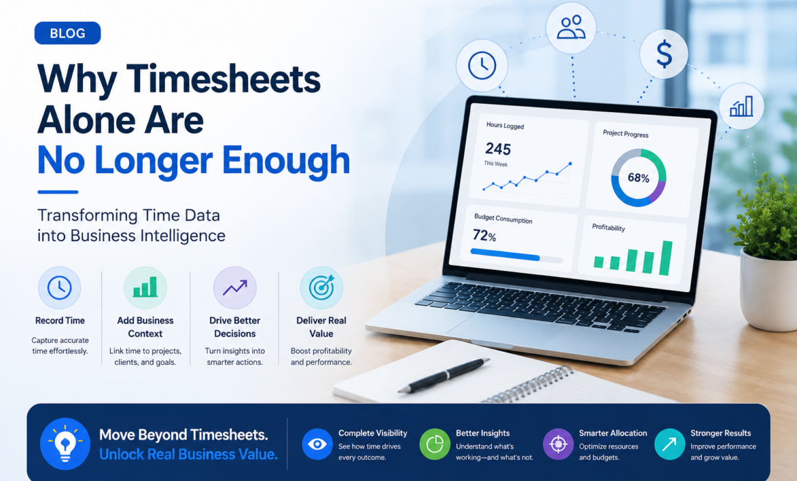 Laptop displaying a project dashboard with time tracking, project progress, profitability, and business intelligence metrics, illustrating why timesheets alone are insufficient for modern project management.