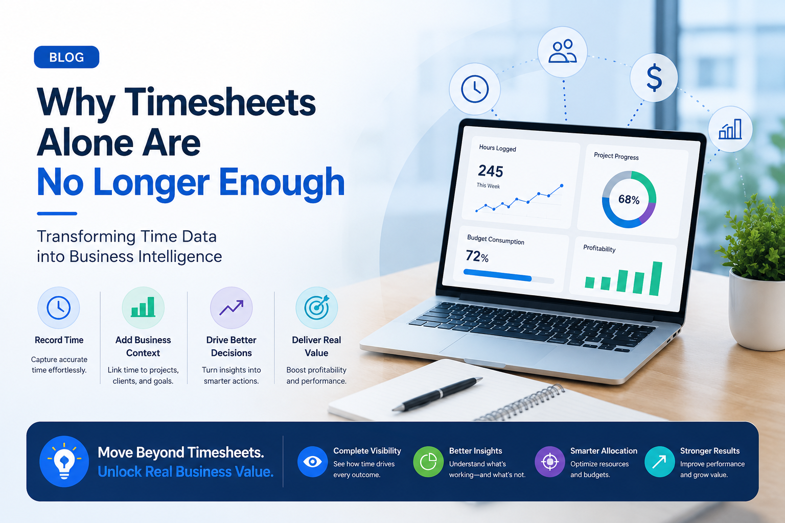 Laptop displaying a project dashboard with time tracking, project progress, profitability, and business intelligence metrics, illustrating why timesheets alone are insufficient for modern project management.