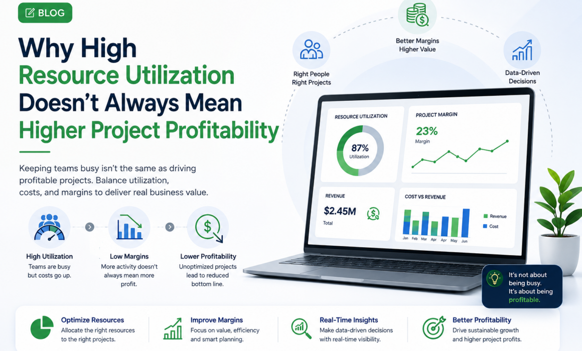 Laptop displaying a project profitability dashboard with resource utilization, project margin, revenue, and cost analytics, illustrating that high utilization does not always lead to higher profitability.