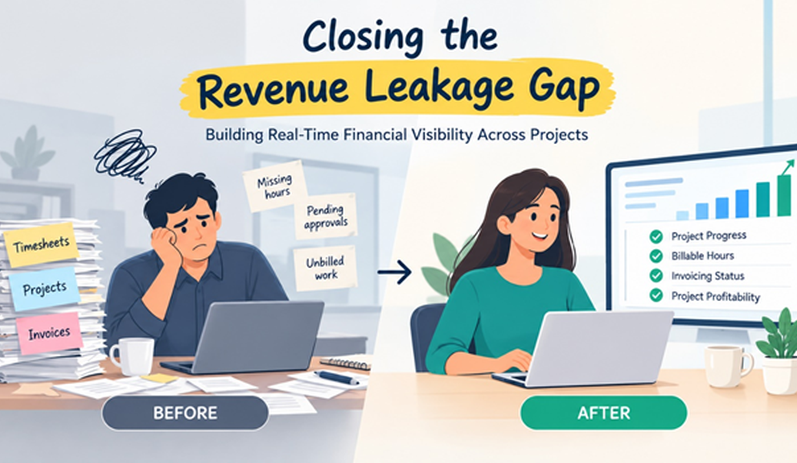 Illustration showing the difference between manual project tracking and real-time financial visibility to prevent revenue leakage