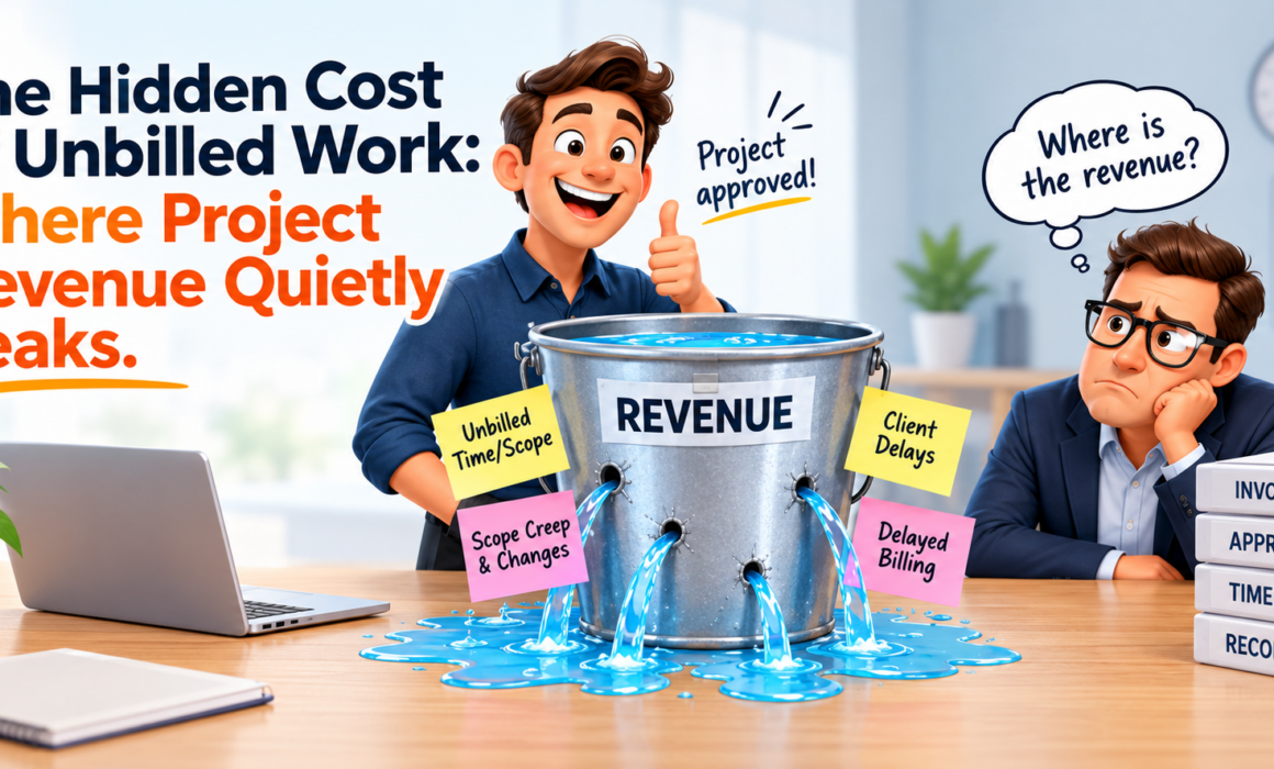 Illustration showing how unbilled work, scope creep, client delays, and delayed billing cause project revenue to leak.