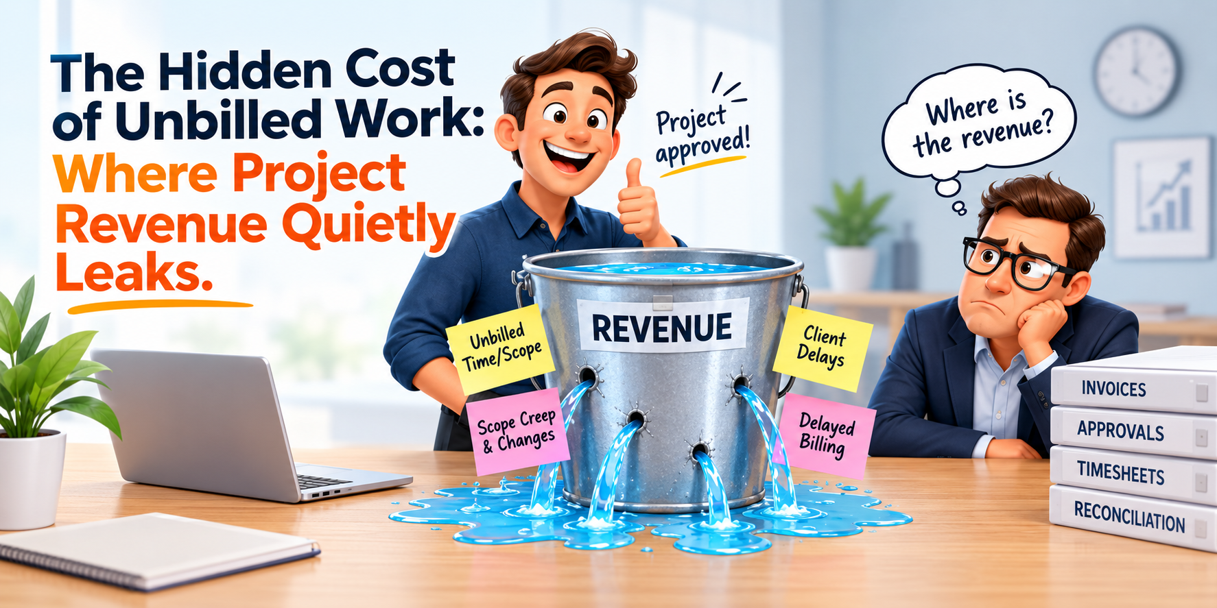 Hidden Costs of Unbilled Work and Lost Project Revenue Illustration showing how unbilled work, scope creep, client delays, and delayed billing cause project revenue to leak.