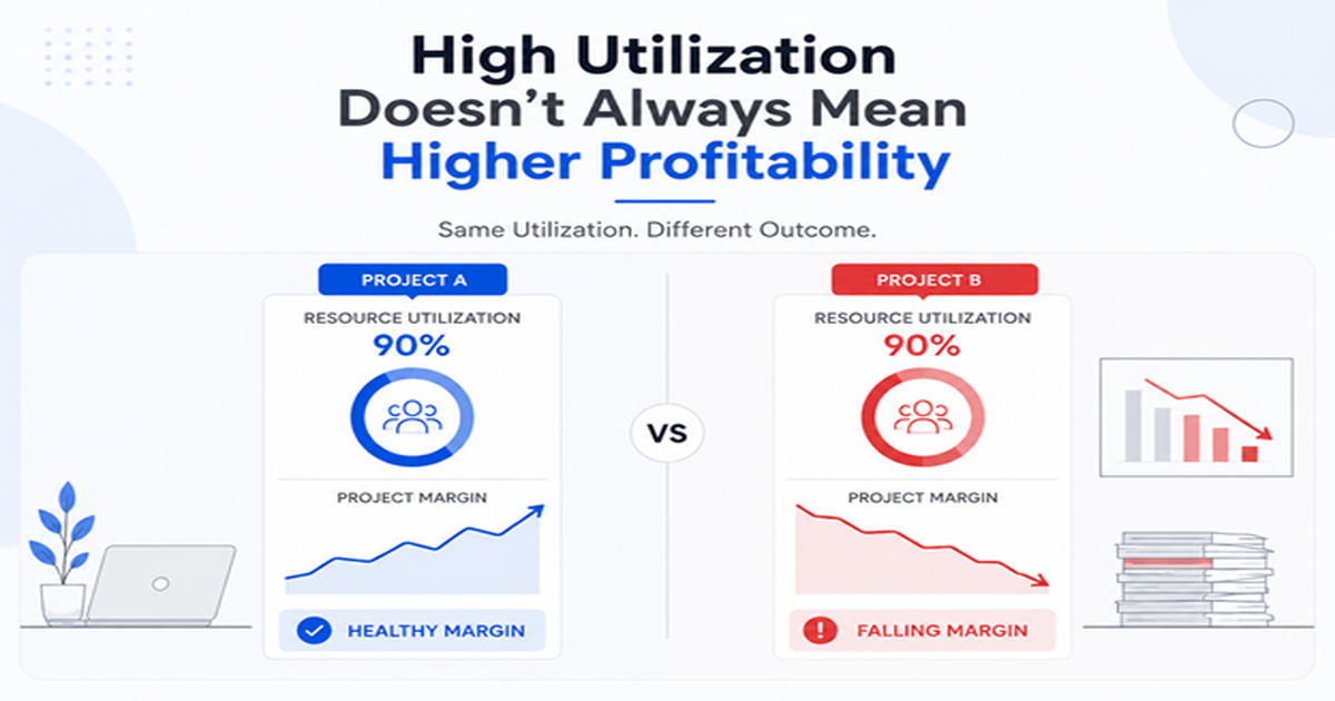 high-utilization-doesnt-mean-higher-profitability.webp Comparison of two projects with the same 90% resource utilization but different profit margins, showing healthy and declining profitability.