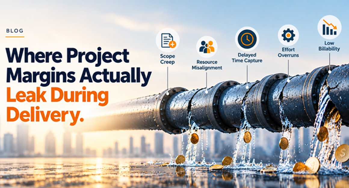 Project margin leakage during delivery caused by scope creep, resource misalignment, delayed time capture, effort overruns, and low billability