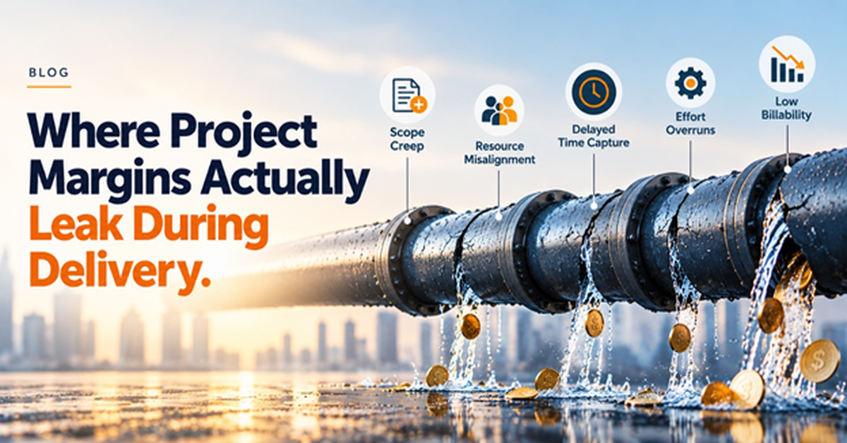 Where Project Margins Actually Leak During Delivery Project margin leakage during delivery caused by scope creep, resource misalignment, delayed time capture, effort overruns, and low billability