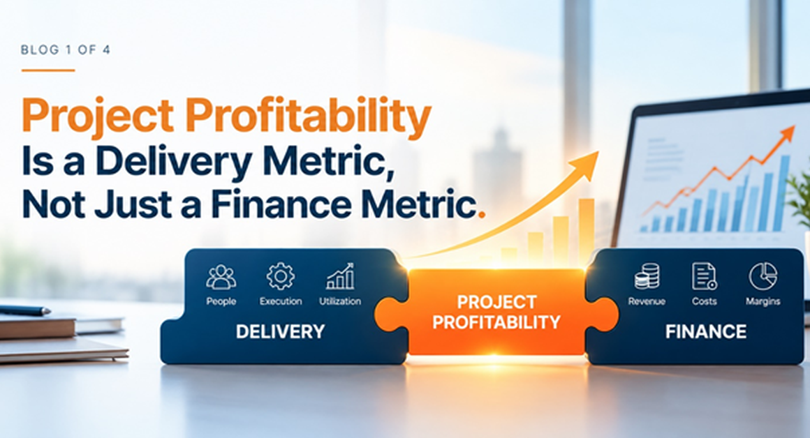 Project profitability dashboard connecting delivery performance with revenue, costs, utilization, and margins