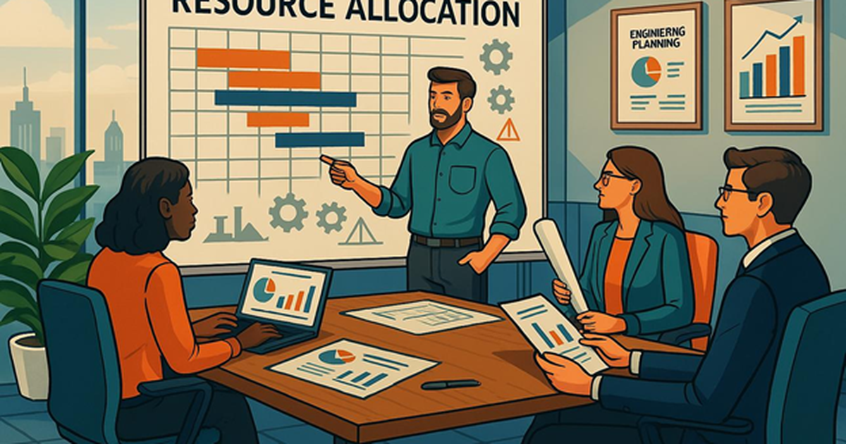 Resource Allocation: Aligning People, Skills, and Project Demand Project team reviewing a resource allocation plan with engineering planning charts, project reports, and resource schedules.