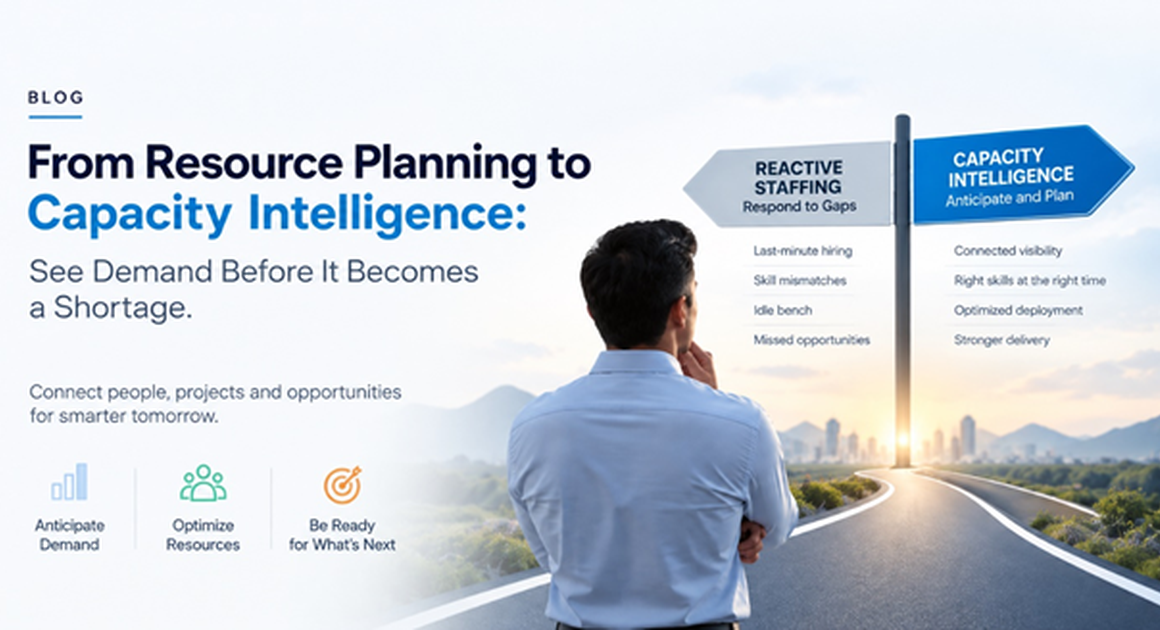 Resource planning and capacity intelligence illustration showing demand forecasting, staffing, and workforce capacity planning