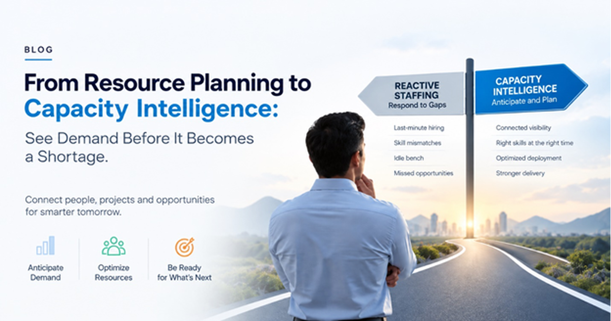 From Resource Planning to Capacity Intelligence: See Demand Before It Becomes a Shortage Resource planning and capacity intelligence illustration showing demand forecasting, staffing, and workforce capacity planning
