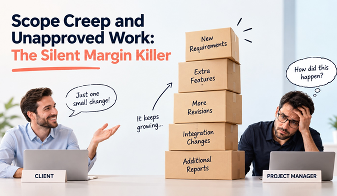 Illustration showing scope creep and unapproved project work causing additional revisions, features, reports, and integration changes