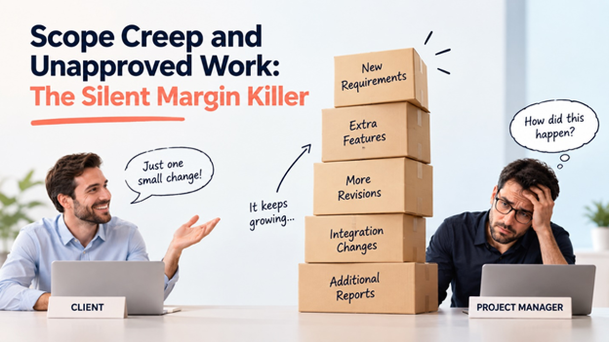 Scope Creep and Unapproved Work: The Silent Margin Killer Illustration showing scope creep and unapproved project work causing additional revisions, features, reports, and integration changes