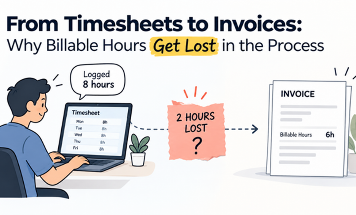 Illustration showing billable hours getting lost between employee timesheets and client invoices.