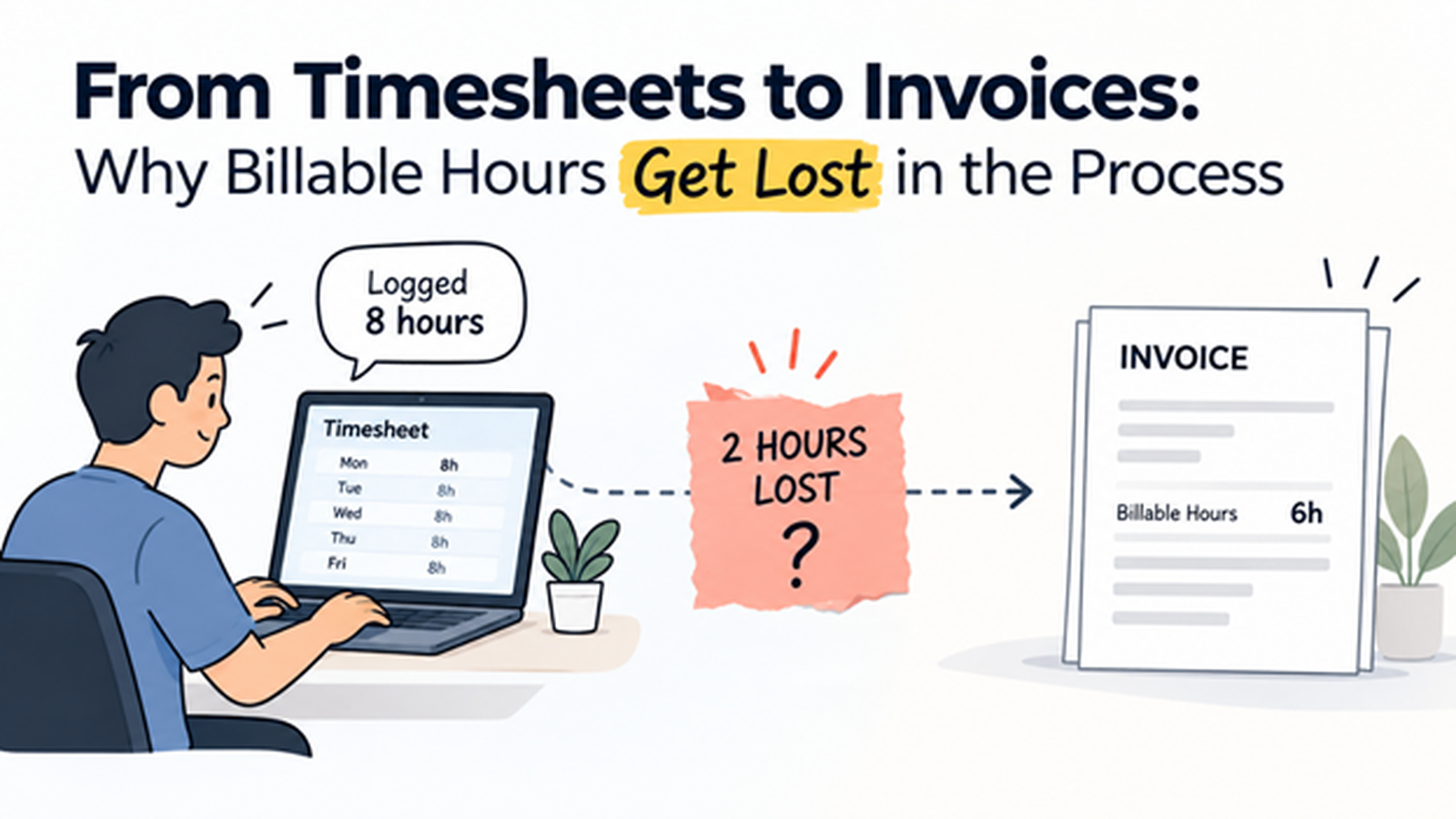 From Timesheets to Invoices: Why Billable Hours Get Lost Illustration showing billable hours getting lost between employee timesheets and client invoices.