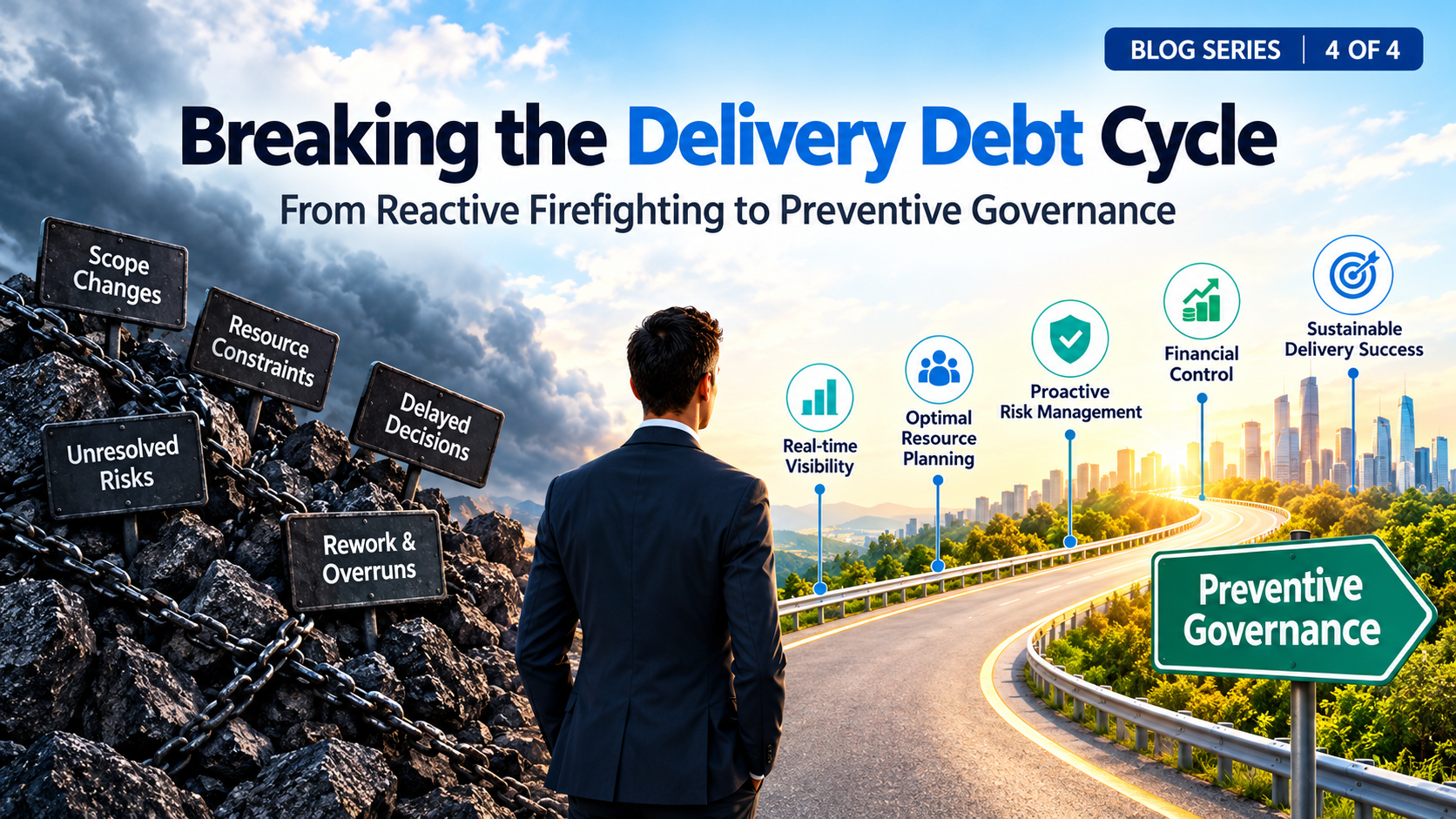 Breaking the delivery debt cycle through preventive governance, proactive risk management, resource planning, and real-time visibility.