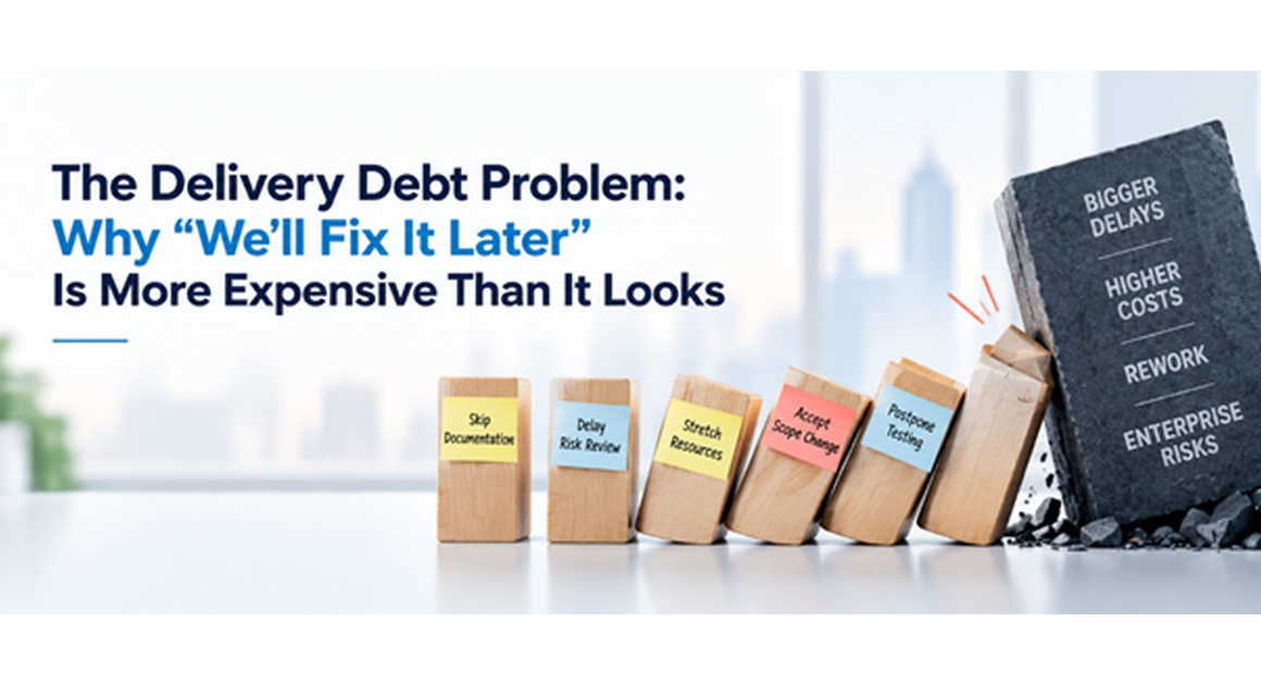Delivery debt illustration showing delayed documentation, risk review, stretched resources, scope creep, and postponed testing leading to higher costs and enterprise risks.