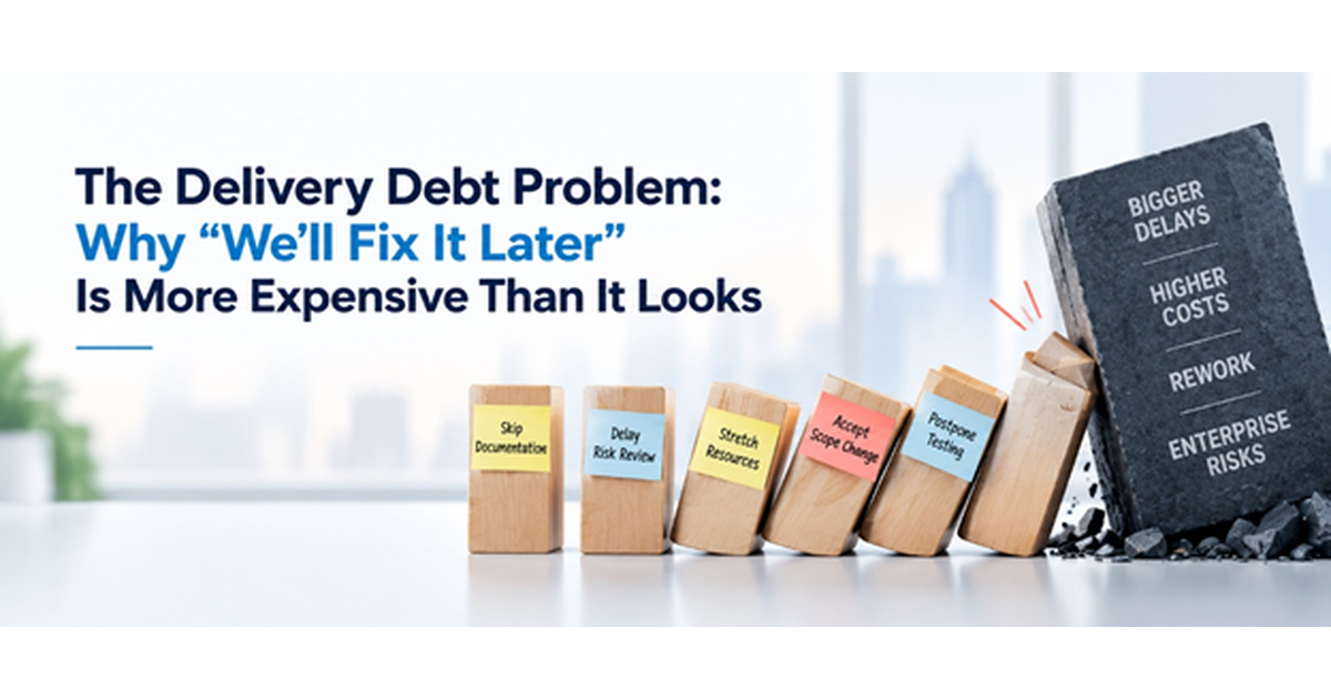 Delivery Debt Problem: Why Fixing It Later Costs More Delivery debt illustration showing delayed documentation, risk review, stretched resources, scope creep, and postponed testing leading to higher costs and enterprise risks.