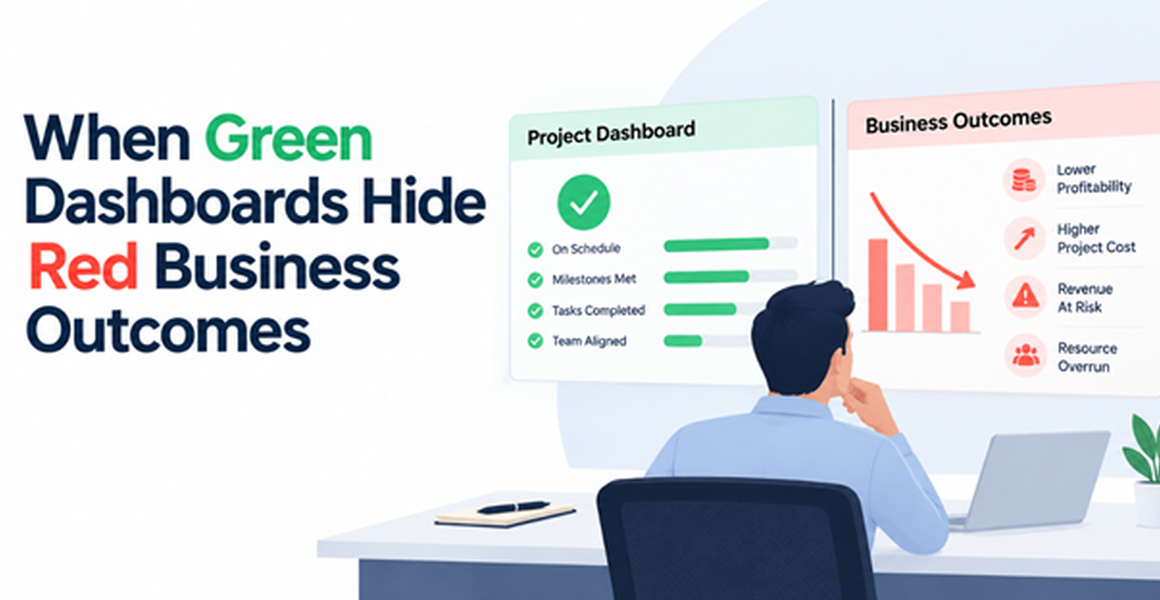 Project dashboards showing positive performance metrics while business outcomes indicate declining profitability, rising project costs, revenue risks, and resource overruns.