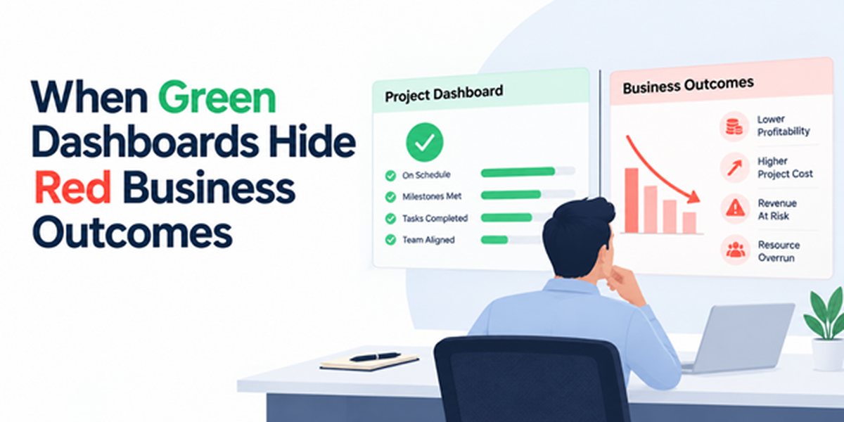 When Green Dashboards Hide Red Business Outcomes Project dashboards showing positive performance metrics while business outcomes indicate declining profitability, rising project costs, revenue risks, and resource overruns.