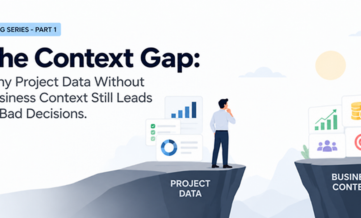 Illustration showing the gap between project data and business context in decision-making.
