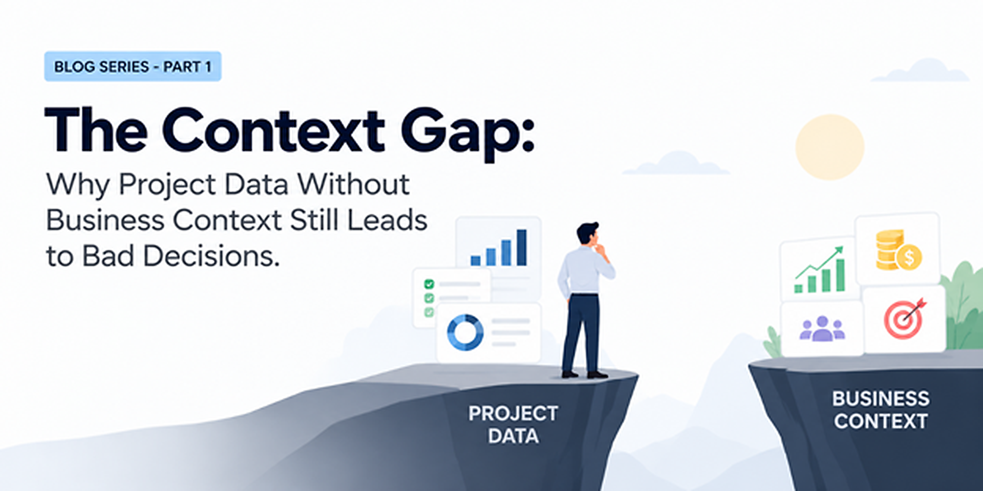 Illustration showing the gap between project data and business context in decision-making. Illustration showing the gap between project data and business context in decision-making.