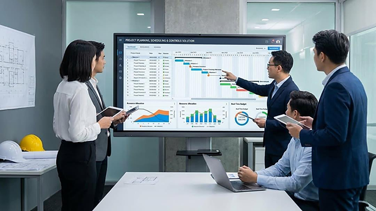 Project Planning, Scheduling and Resource Capacity Management Project management team reviewing project schedules, resource allocation, and delivery performance on a planning dashboard.