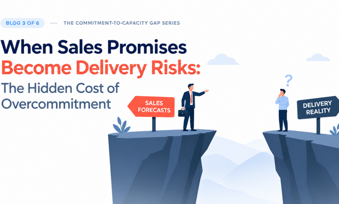 Illustration showing the gap between sales promises and delivery capacity, highlighting the hidden cost of overcommitment.
