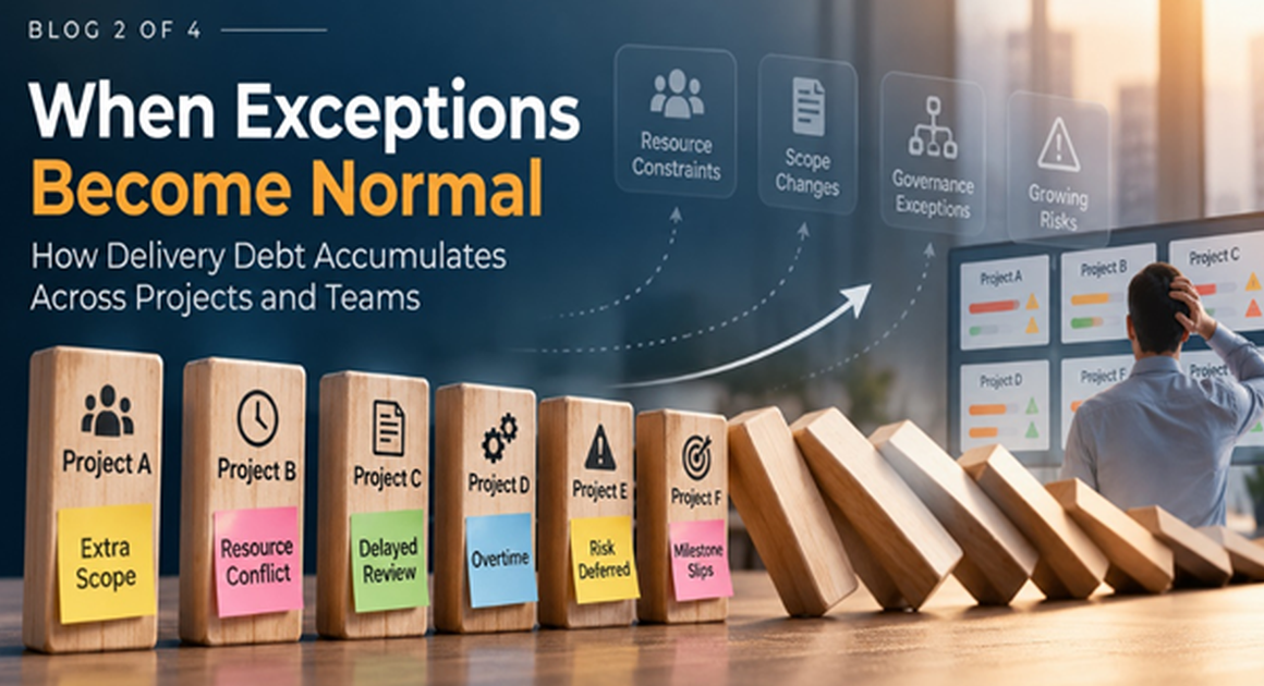 Illustration showing project exceptions such as extra scope, resource conflicts, delayed reviews, overtime, deferred risks, and missed milestones accumulating into delivery debt.